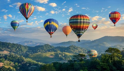 Naklejka premium Hot air balloons flying over the mountains at sunrise, Chiang Mai, Thailand