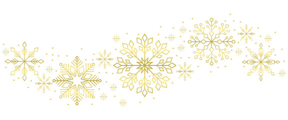 Gold waving snowflakes on transparent background. Golden snowflakes border with different ornaments. Luxury Christmas garland. Winter ornament for packaging, cards, invitations. Vector illustration