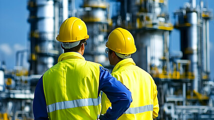 Industrial Workers, Safety First at Refinery, Observing Complex Machinery Operations Carefully