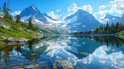 Scenic Mountain Landscape Featuring Snow-Capped Peaks and a Serene Reflection in a Clear Lake Under a Blue Sky with Fluffy White Clouds