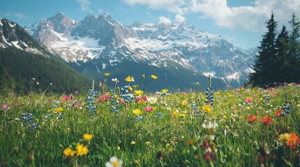 Fototapeta premium Serene Alpine Meadow Filled with Vibrant Wildflowers Against a Majestic Mountain Backdrop Under a Clear Blue Sky and Gentle Clouds
