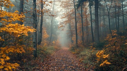 Fototapeta premium Serene Autumn Hike Through Misty Forest with Rising Fog and Calming Trees in Nature's Embrace