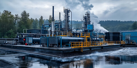 Obraz premium Industrial Plant, A Complex of Refining Towers and Vessels in a Forest Setting