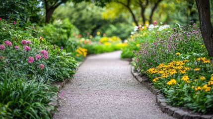 Naklejka premium Serene Garden Pathway Lined with Blooming Flowers, Inviting Nature Walkway Surrounded by Colorful Blossoms and Greenery in a Tranquil Outdoor Setting