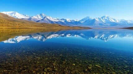 Serene Reflection of Snow-Capped Mountains and Clear Blue Lake in a Breathtaking Landscape Under a Sunny Sky