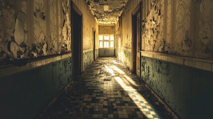 Fototapeta premium A Dimly Lit Shadowy Corridor in an Abandoned Building Featuring Cracked Walls and Overgrown Vegetation with Rays of Light Filtering Through a Dusty Window