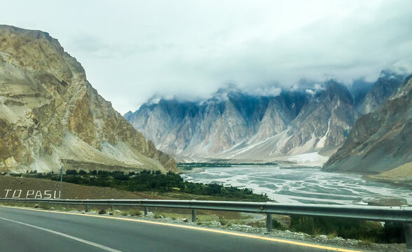 Pasu cone and Hunza River in Pakistan