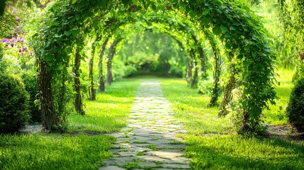 Serene Pathway of Stone Lined with Lush Green Vines and Elegant Arbors in a Tranquil Garden Setting, Inviting Stroll Amidst Nature&rsquo;s Beauty