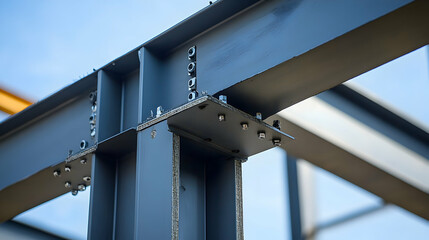 Steel Structure,  Bolted Beam Intersection, Industrial Construction Detail,  Close-up View against Sky