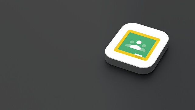 3D-rendered icon of the Google Classroom app logo, featuring a sleek, minimalistic design. The logo appears on a dark gray background within a white square with rounded corners.