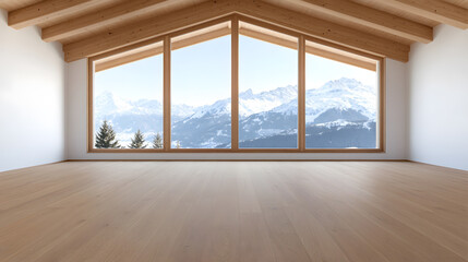Fototapeta premium Empty Chalet in Wooden Material with a Hearth | Cozy Cabin Interior with Rustic Wooden Walls and a Fireplace | Peaceful Mountain Retreat with Natural Charm
