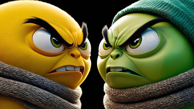Two animated characters face off, one yellow and one green, both wearing knitted scarves and winter hats.  Angry expressions.