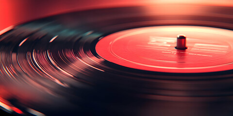 Spinning Vinyl Record, Abstract Red & Black Audio Background