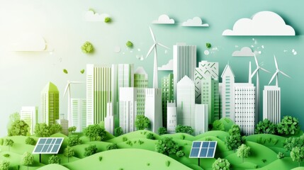Fototapeta premium A futuristic cityscape with green rooftops, solar panels, and wind turbines integrated into the architecture