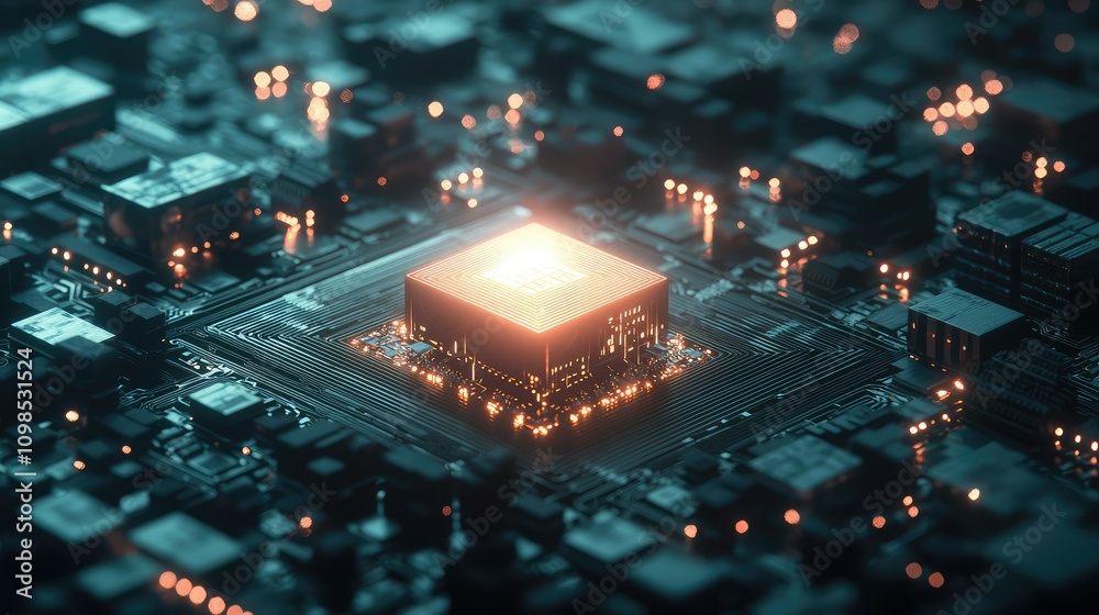 Poster futuristic glowing microchip surrounded by tiny electronic components and holographic elements in an