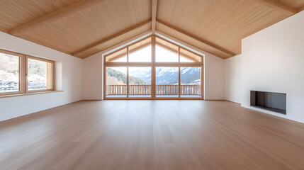Fototapeta premium Empty Chalet in Wooden Material with a Hearth | Cozy Cabin Interior with Rustic Wooden Walls and a Fireplace | Peaceful Mountain Retreat with Natural Charm