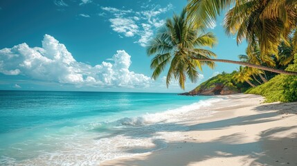 Tranquil Beach Scene with Swaying Palm Trees and Clear Blue Water Under a Bright Sky, Capturing the Essence of Serenity and Natural Beauty