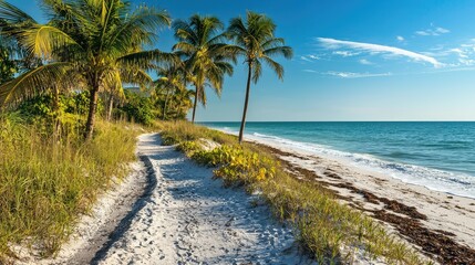 Serene Beachside Trail Lined with Palm Trees Under Clear Blue Skies and Gentle Waves in Maka, Perfect for Relaxation and Scenic Walks