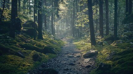 Obraz premium A Serene Path Through a Lush Forest with Sunlight Streaming Through the Trees, Creating a Tranquil Atmosphere in Nature's Embrace
