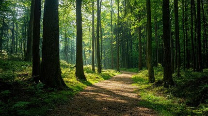 Obraz premium A Serene Forest Trail Surrounded by Towering Trees Inviting You to Explore the Tranquil Beauty of Nature's Green Canopy in a Peaceful Setting