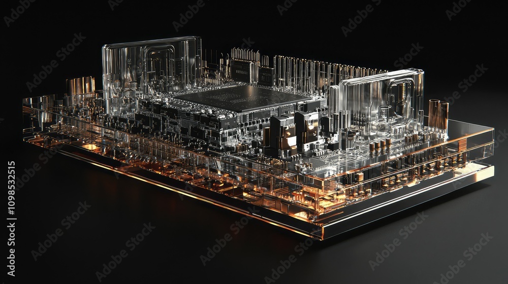 Poster transparent computer chip displaying internal components in high detail, showcasing advanced technol