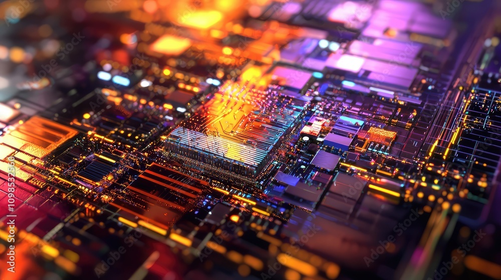 Poster abstract computer chip design showcasing transparent components with vibrant colors and illuminated 
