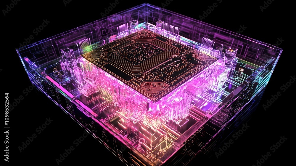 Poster high-tech transparent computer chip in illuminated circuit board display with vibrant colors and int