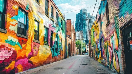Fototapeta premium Vibrant City View Showcasing Colorful Murals on a Charming Street in an Urban Setting, Highlighting Artistic Expression and City Life