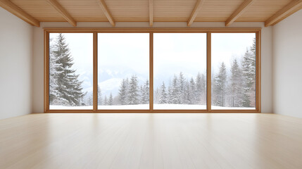 Fototapeta premium Empty Chalet in Wooden Material with a Hearth | Cozy Cabin Interior with Rustic Wooden Walls and a Fireplace | Peaceful Mountain Retreat with Natural Charm
