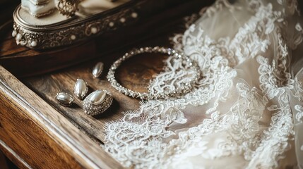 Naklejka premium Vintage Wedding Inspiration Featuring Elegant Lace Details and Antique Jewelry for Romantic Bridal Accessories and Styling Ideas