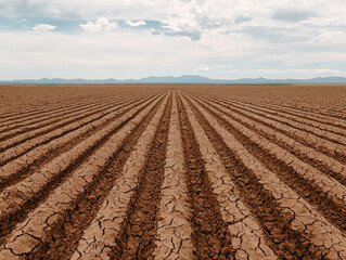 Aquifer crisis concept. Dried cracked soil in vast agricultural field under cloudy sky