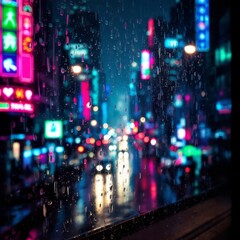 Obraz premium Neon hues, a rainy city's glow.