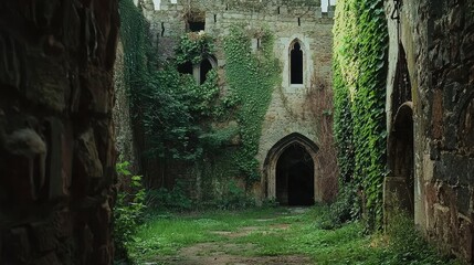 Fototapeta premium Enigmatic Exploration of Abandoned Castle Enveloped in Lush Ivy, Perfect for Adventure and Travel Themes in Environments Rich with History and Nature's Beauty