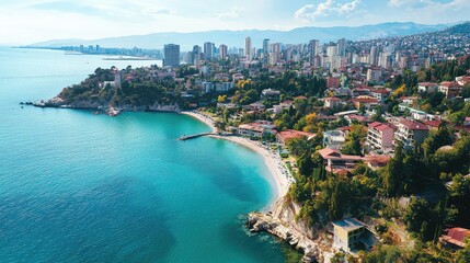 Aerial View of a Coastal City Meeting Blue Waters with Scenic Beaches and Vibrant Urban Landscape Under a Clear Sky in Maka
