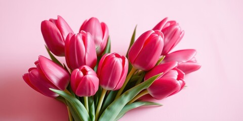 Fototapeta premium A delicate bouquet of vibrant pink tulips against a soft pink background, showcasing the beauty of simple floral elegance