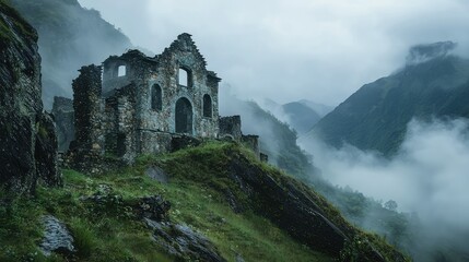 Obraz premium Abandoned Ancient Castle Hidden in Misty Mountains: Surreal Landscape of Ruins Surrounded by Lush Greenery and Mysterious Fog
