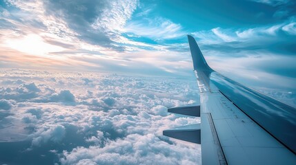 Fototapeta premium Breathtaking View from an Airplane Wing Against a Stunning Blue Sky with Fluffy White Clouds Captured in High Resolution