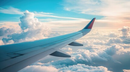 Fototapeta premium Stunning View from Airplane Wing Showcasing Blue Sky and Fluffy Clouds During Breathtaking Sunset, Captured in High-Resolution Imagery from Air Travel Experience