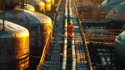 Worker with process machinery in oil blending factory Worker on top of storage tanks in oil blending factory