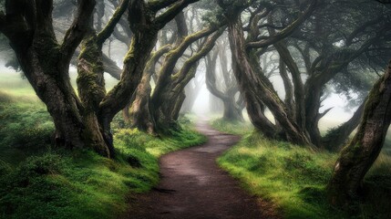 Fototapeta premium Enchanting Eerie Forest Pathway Surrounded by Towering Trees with Misty Winds Whispering Through, Inviting Exploration of Nature's Secrets