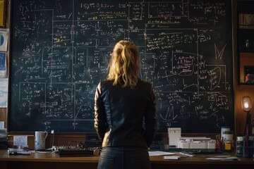 Fototapeta premium A woman stands in front of a blackboard with equations and symbols on it