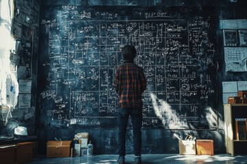 A man stands in front of a blackboard with a lot of equations on it