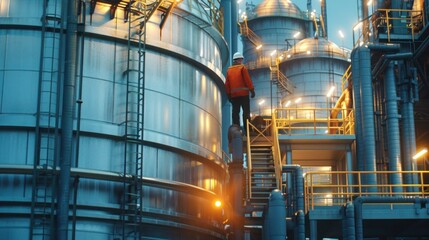 Worker with process machinery in oil blending factory Worker on top of storage tanks in oil blending factory