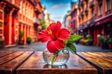 Vibrant Red Hibiscus Flower in a Clear Vase on a Rustic Wooden Table with a Charming Outdoor Background in a Quaint Street Scene