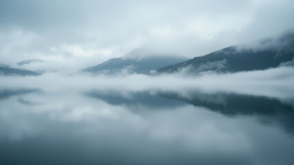 Fototapeta premium The ethereal reflection of a foggy mountain range upon the still surface of a serene lake