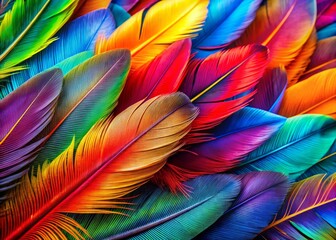 Fototapeta premium Vibrant Macro Photography of Colorful Feathers Displaying Nature’s Artistry in Rich Patterns and Textures, Perfect for Nature and Art Enthusiasts