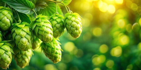 Lush Green Hops Cones Hanging on a Vine in a Sunlit Garden Perfect for Brewing and Nature Photography
