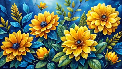 Obraz premium Vibrant Illustration of Yellow Flowers with Blue Leaves Perfect for Nature-Themed Projects, Home Decor, and Digital Design Needs