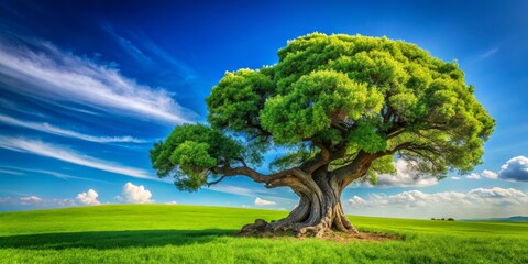 A Quirky and Vibrant Tree Surrounded by Lush Green Landscape Under a Bright Blue Sky with Fluffy Clouds, Showcasing Nature's Unique Beauty