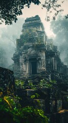 Fototapeta premium Ancient Temple Shrouded in Mist Surrounded by Overgrown Vines, Capturing the Mystique and Beauty of Nature's Embrace on a Foggy Day